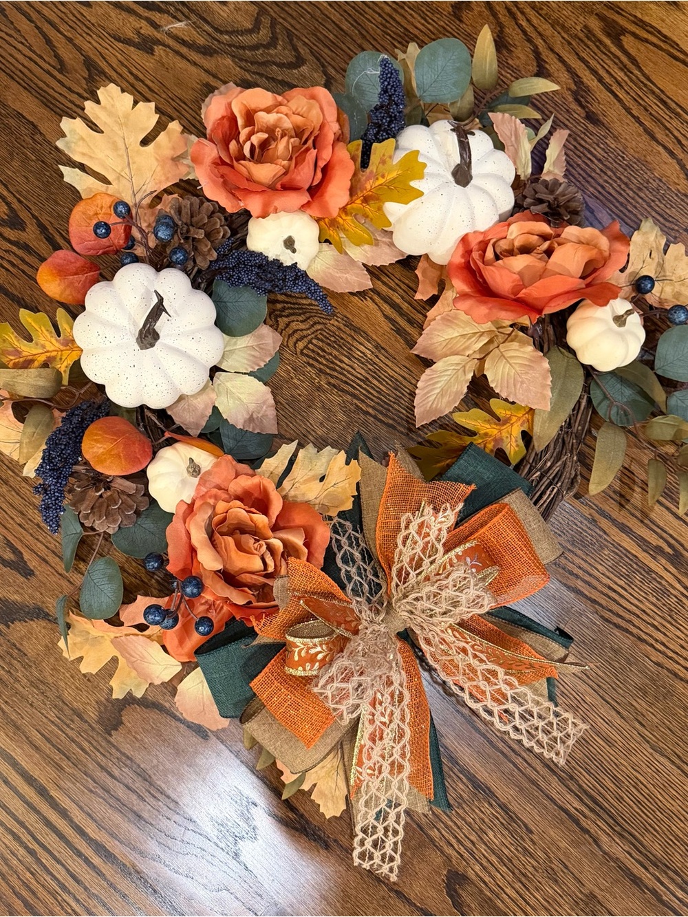 Autumn Orange and White Pumpkin Wreath with Floral Bow - Unbranded